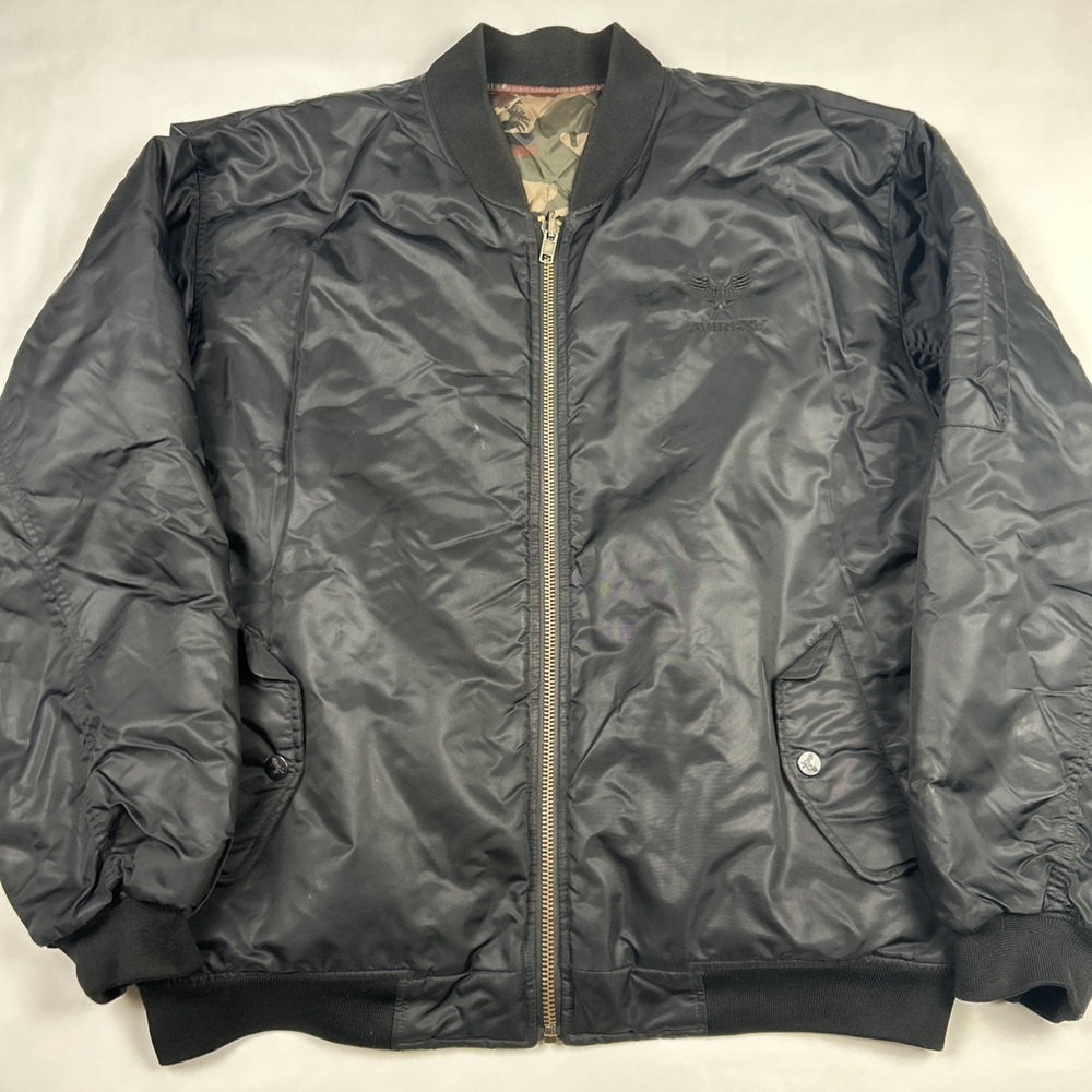 Vtg Y2K AVIREX Bomber Jacket Black Flight Coat Camo Mens Sz L Reversible Zip